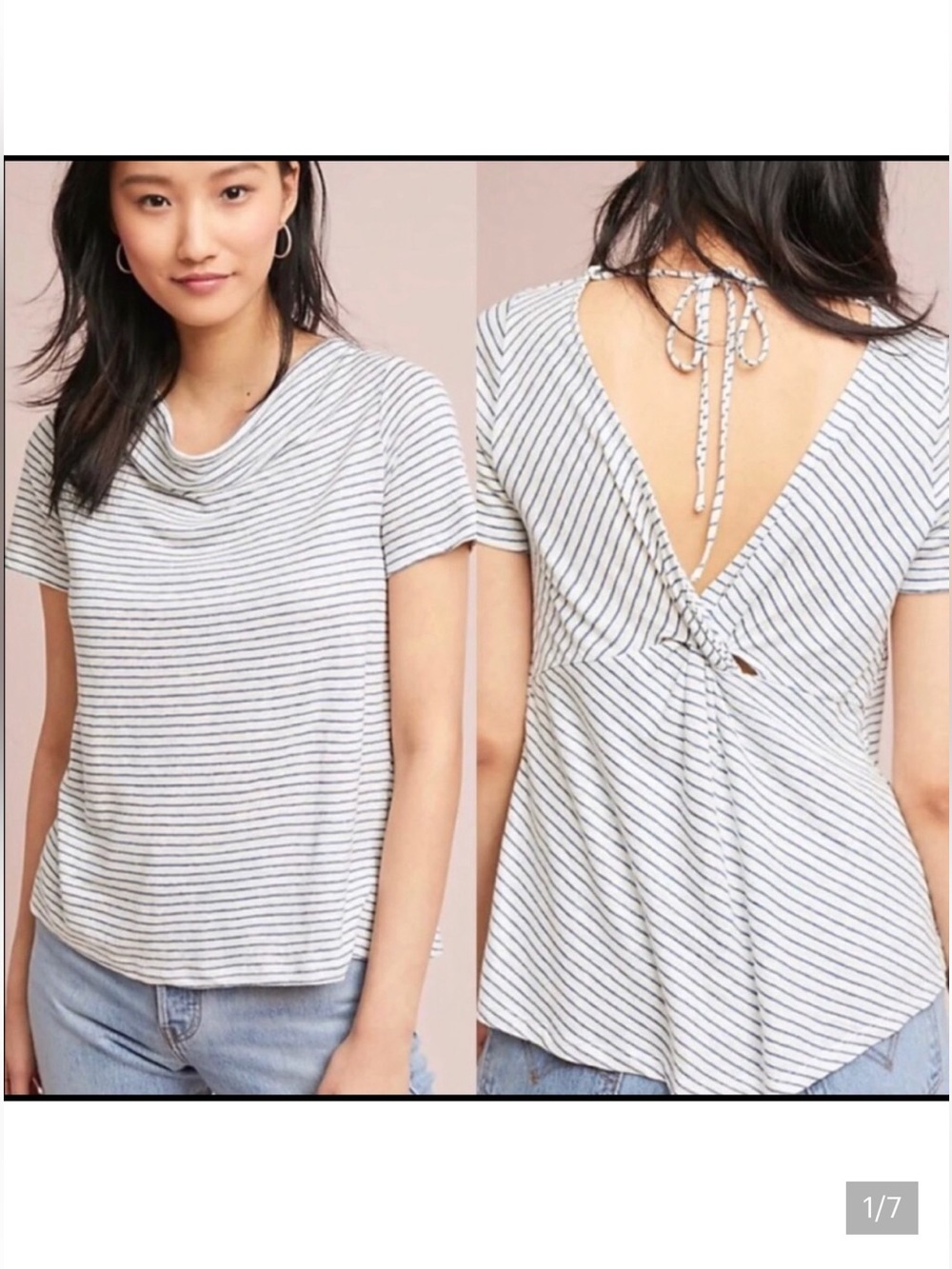 Maeve White and Blue Striped Short Sleeve Back-Tie Tee